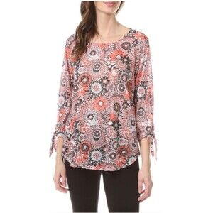 Ruby Rd 3X Plus Size Blouse Pink Brown Marble Watercolor Boho Tunic Bow Sleeve